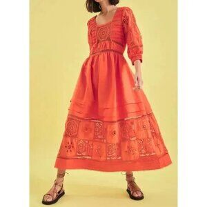 Hunter Bell Rowe‎ Dress Crochet Lace Linen Blend Midi Puff Sleeve Square Neck